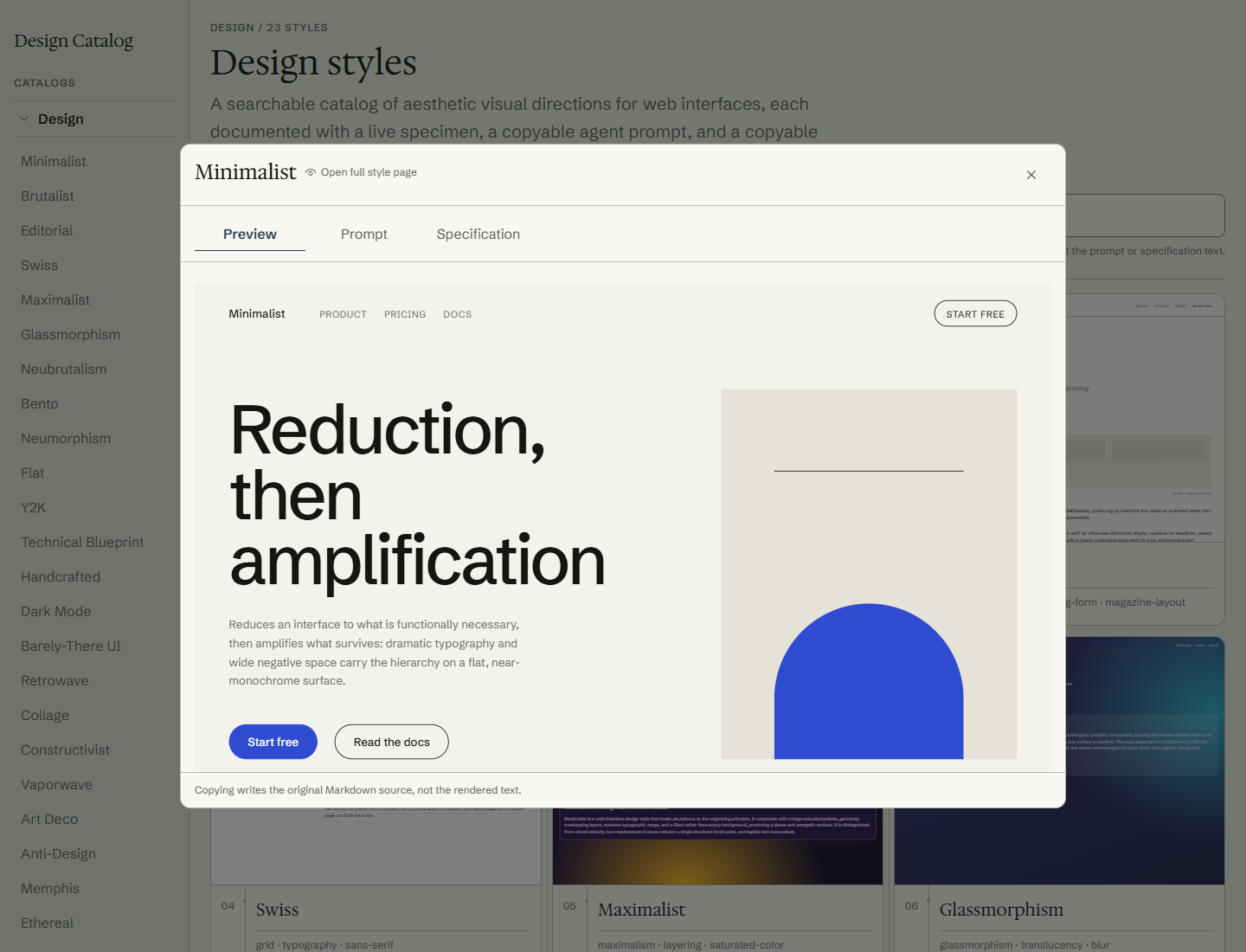Panel de un estilo en Design Catalog con las pestañas Preview, Prompt y Specification.