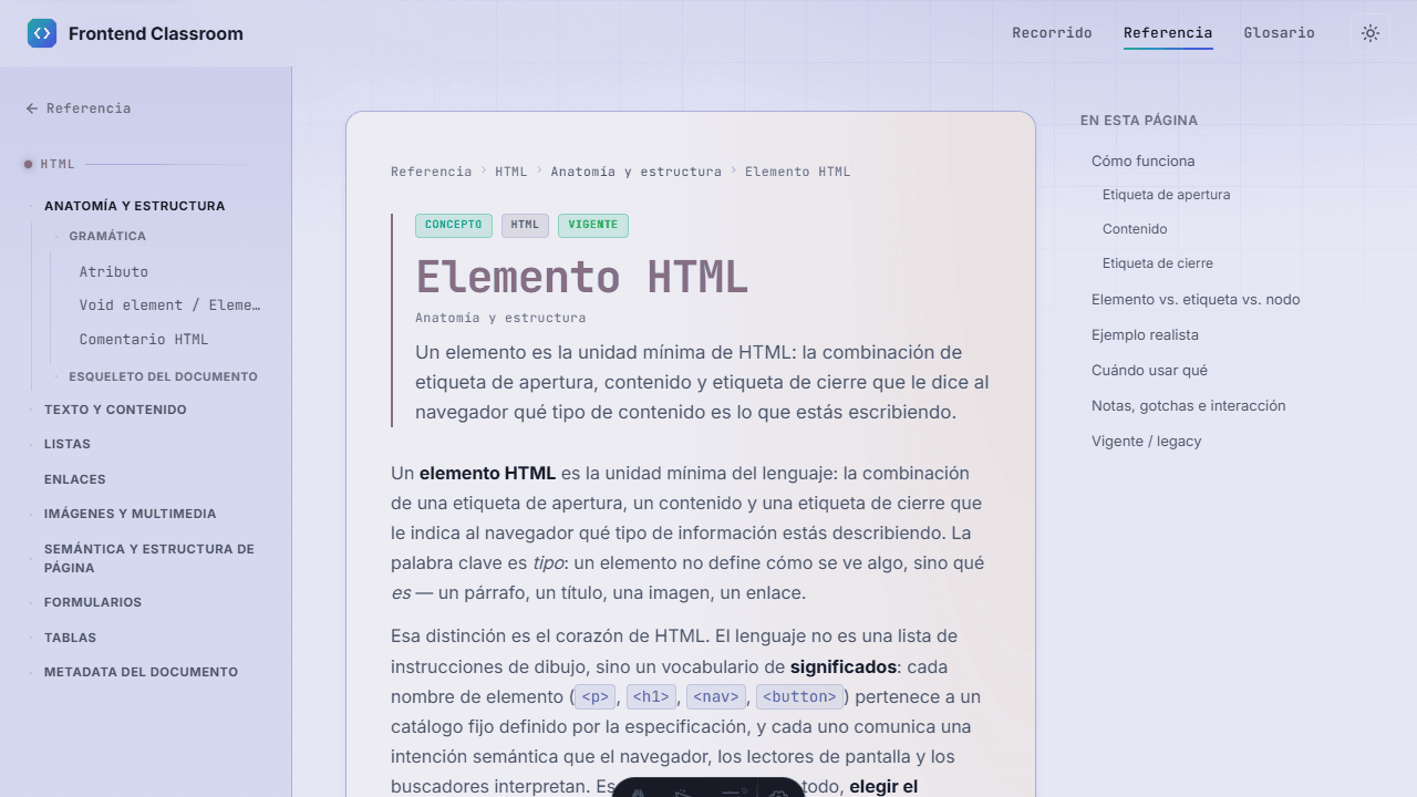 Entrada 'Elemento HTML' de la Referencia: breadcrumb, badges concepto/HTML/vigente, definición destacada y TOC lateral con las secciones de la entrada