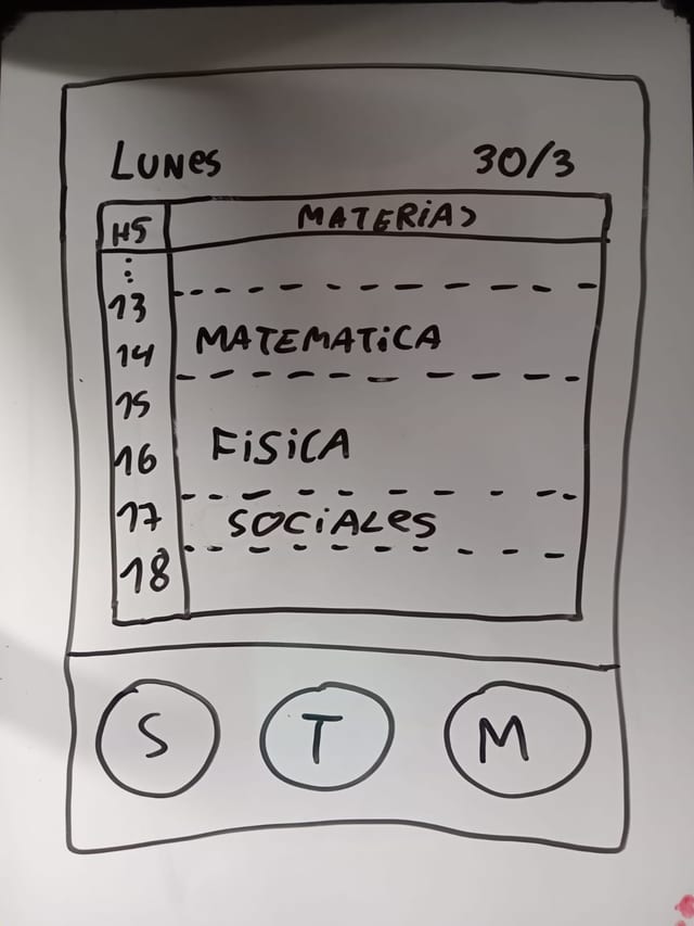 Boceto a mano en pizarra de la vista Hoy: columna de horas de 13 a 18 a la izquierda y bloques de materias (Matemática, Física, Sociales) ocupando sus franjas, con el día y la fecha en el encabezado