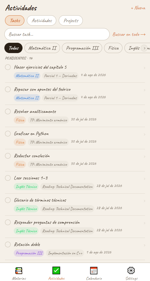 Pantalla Actividades con sub-pestañas Tasks, Actividades y Projects, buscador, filtros por materia y una lista de 16 tareas pendientes etiquetadas con su materia, su actividad y su fecha de vencimiento