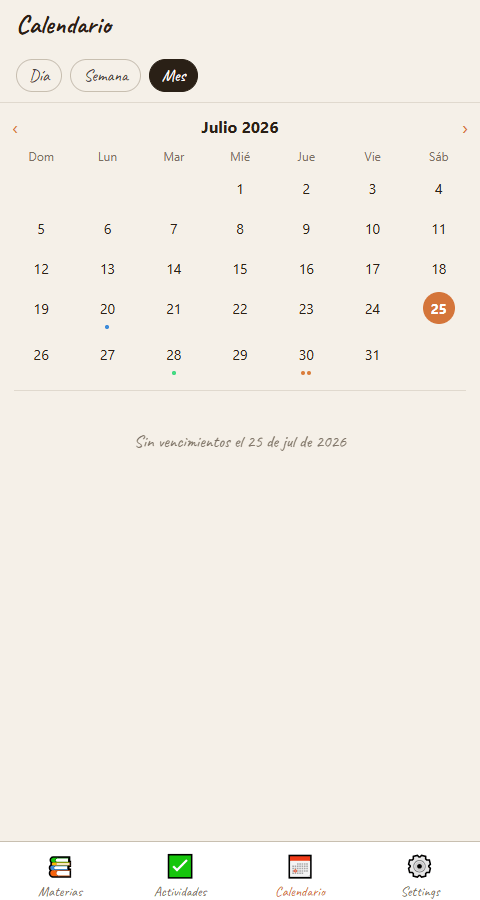 Calendario en vista Mes, julio 2026, con el día actual resaltado y marcadores de color bajo los días que tienen vencimientos